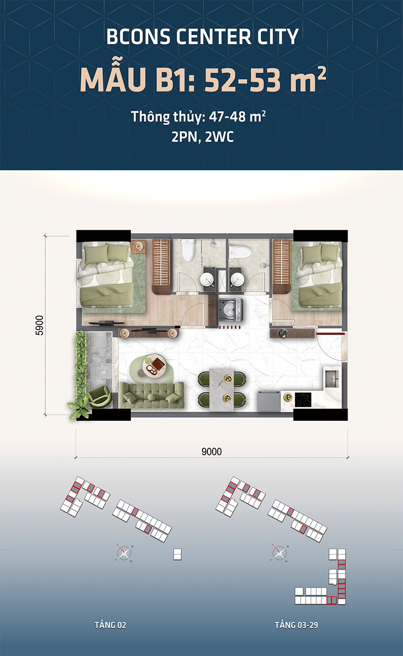 Thiết kế căn hộ Tháp The Gateway Bcons Center City mẫu B1