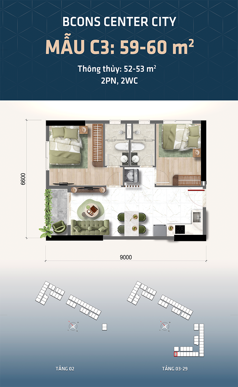Thiết kế căn hộ Tháp The Gateway Bcons Center City mẫu C3