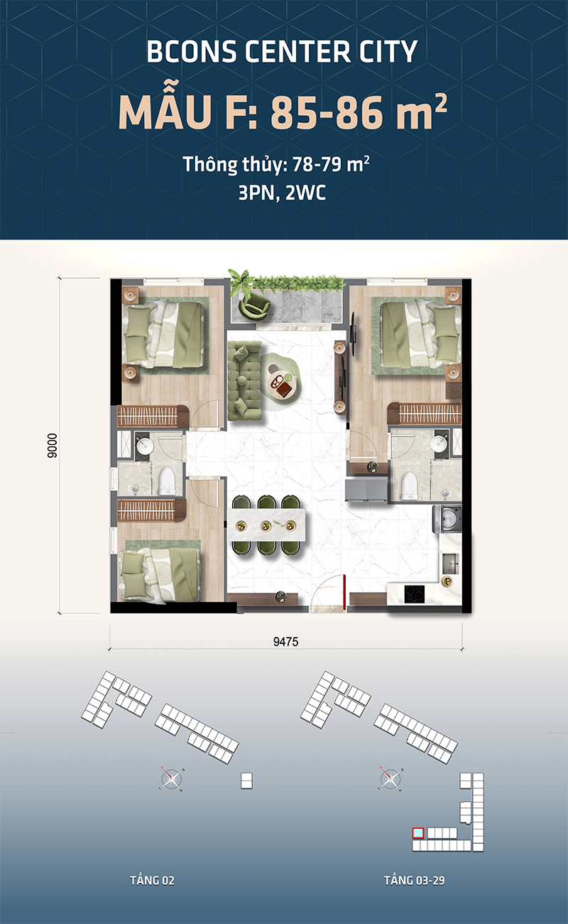 Thiết kế căn hộ Tháp The Gateway Bcons Center City mẫu F